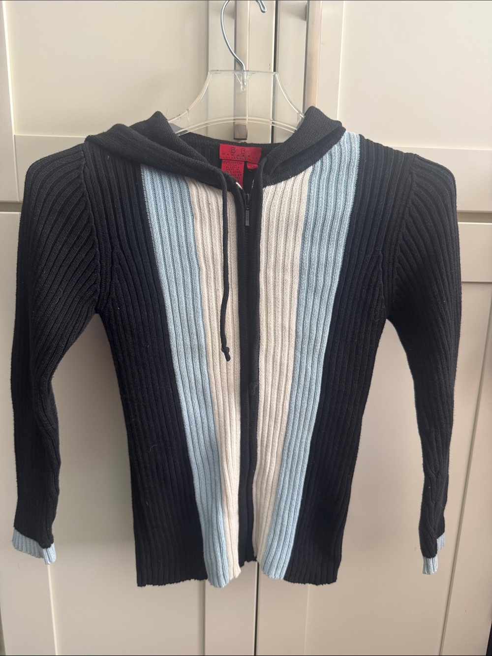 BCBG Men's Black Zip-Up Hooded Sweater with Light Blue and White Stripes